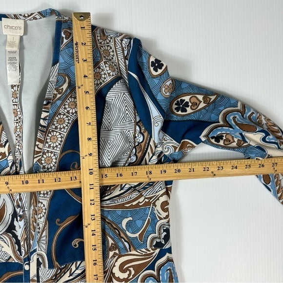 Chicos Faux Suede Jacket Paisley Sz 1 US 8 Medium Blue Beige Open Front Duster - Picture 11 of 15